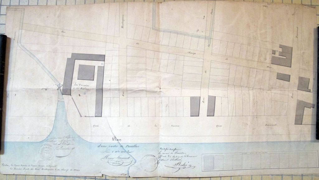 « Plan d'une partie de Pauillac » : quartier de la verrerie. Papier, encre, lavis, par Henry Bagouet (géomètre), 6 décembre 1838.
