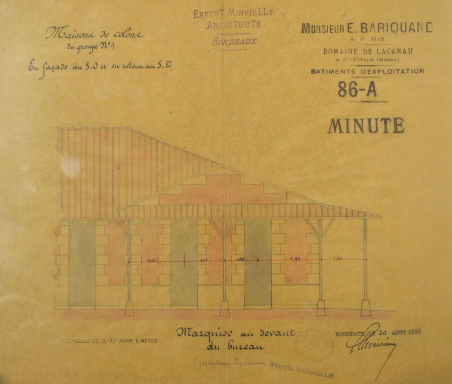Domaine de Lacanau : bâtiments d'exploitation, maison de colons du groupe n°1, marquise au devant du bureau, 20 août 1889.
