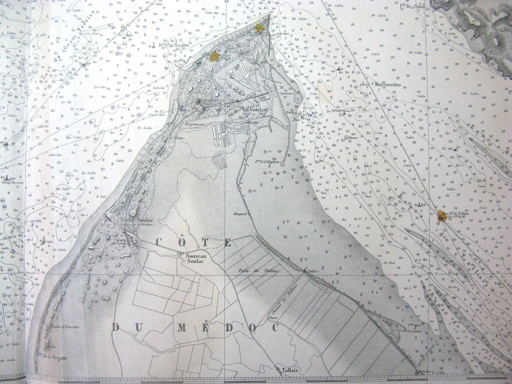 Carte de l’embouchure de la Gironde d’après la reconnaissance hydrographique faite en 1874, publiée en 1875 : détail de la pointe du Médoc.
