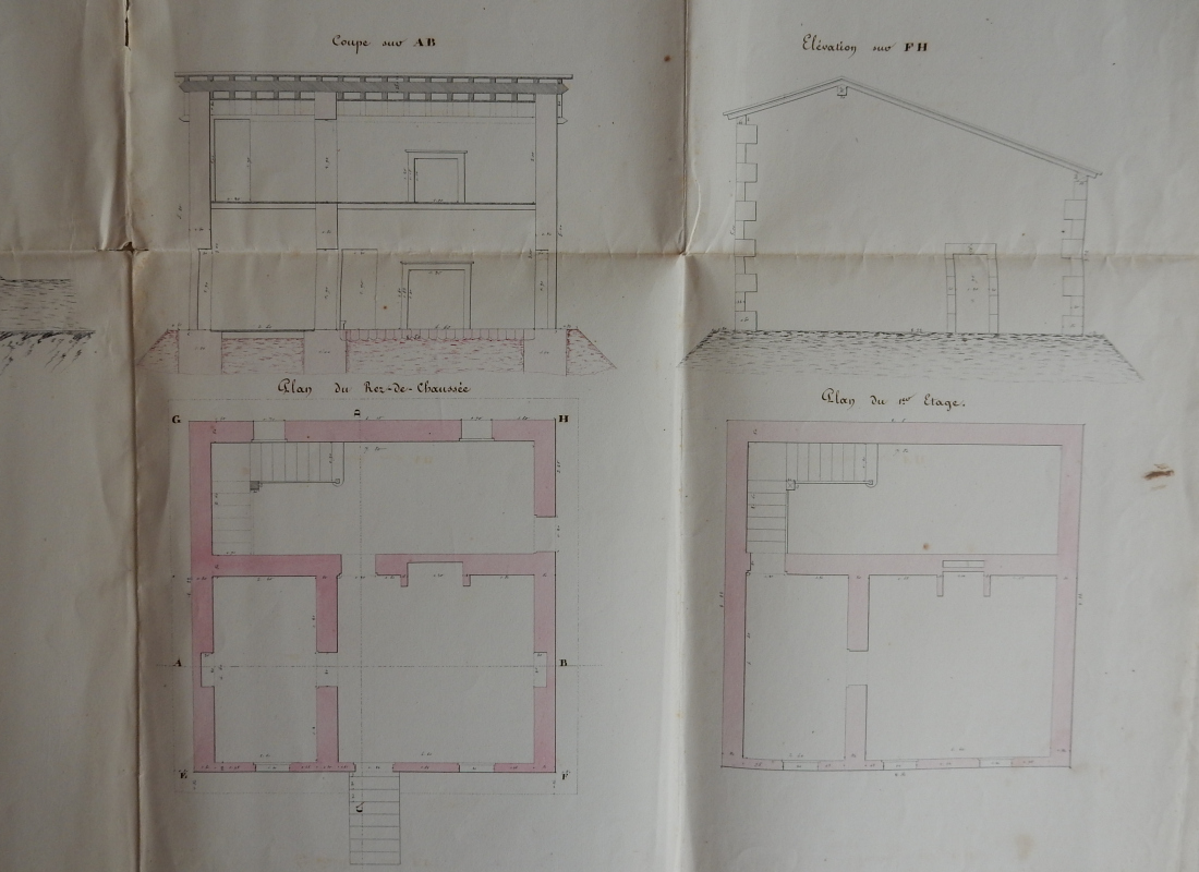 Plans, coupe et élévation de la maison éclusière, par l'ingénieur chargé de la navigation de la Charente, Chalumeau, le 25 octobre 1838.
