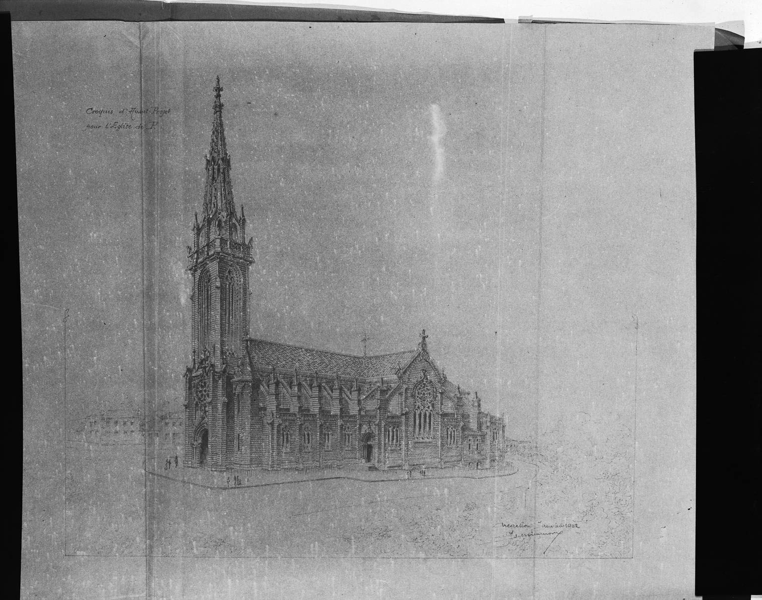 Projet de reconstruction de l'église non réalisé : croquis d'avant-projet, 1902.