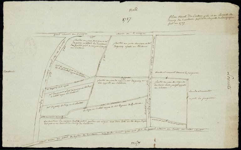 Plan visuel de Cassena, prés et au Levant du bourg de Cantenac, fief de la Chapelle de Banqueyre, 1787.