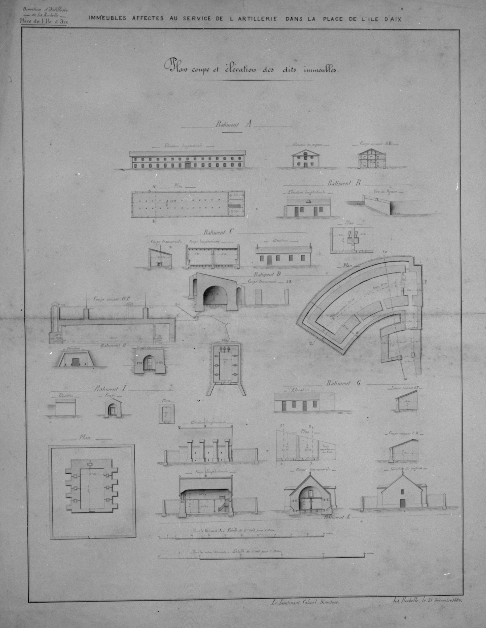 Plan, coupe et élévation du magasin d'artillerie et de la poudrerie courbe, 1880. 