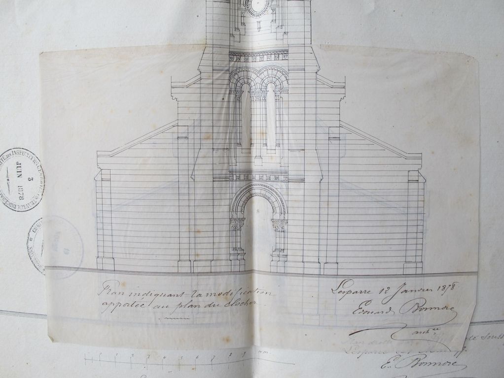Projet de construction d'un clocher pour l'église de St Vivien. Détail de la retombe : plan indiquant la modification apportée au plan du clocher le 12 janvier 1878.  