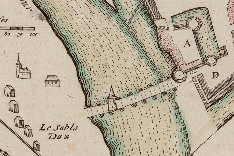Carte du siège présidial Dax et seneschaucée des Lannes par de Classun en 1638 : détail du pont avec sa tour.