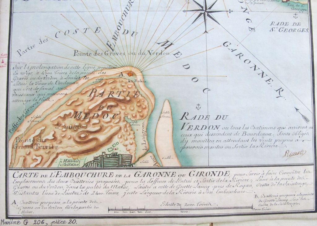 Carte de l'embouchure de la Garonne ou gironde pour servir à faire connaître les emplacements des deux batteries proposées (1756), détail.