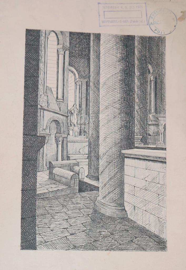 Déambulatoire, entrée de la crypte Saint-Marin et chapelle absidiale : gravure ancienne.