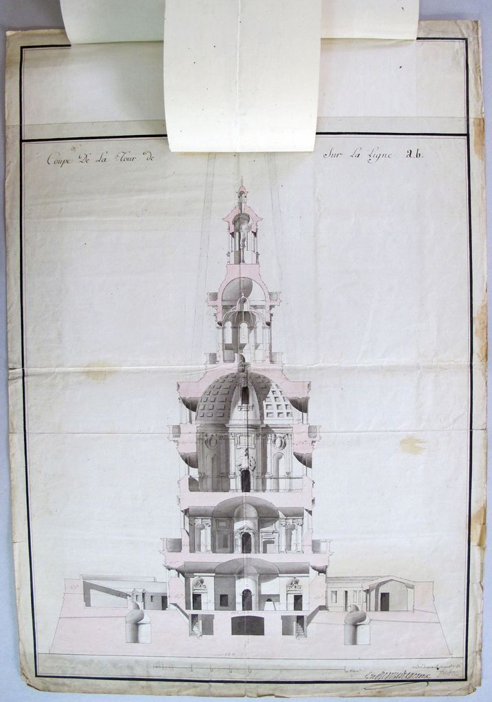 Coupe de la surélévation projetée pour le fanal de la Tour de Cordouan, par Teulère, 14 août 1786 : état actuel.
