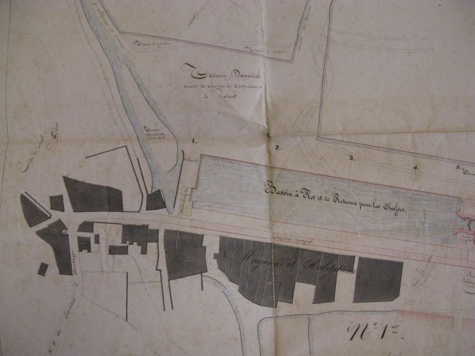 Plan du projet d'aménagement du port de Mortagne par l'ingénieur Potel en 1841 : bassin de retenue et de chasse.