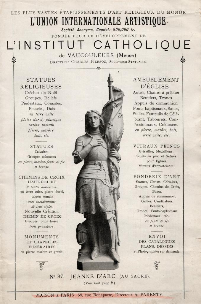 Extrait du catalogue de l'Union internationale artistique, institut catholique de Vaucouleurs, octobre 1904 : modèle de statue de sainte Jeanne d'Arc au sacre (n° 87, p. 1).