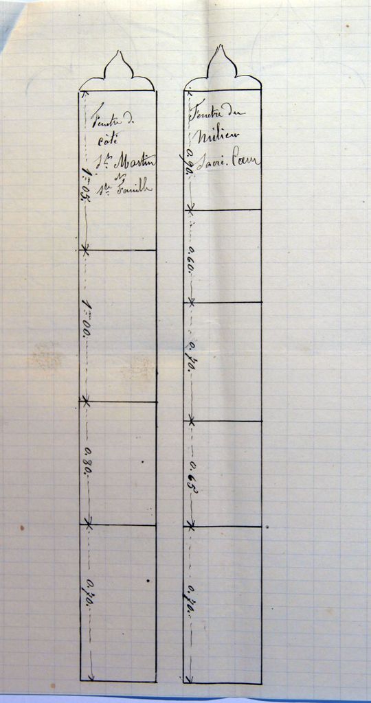 Lettre du verrier nancéien Émile Richard au curé Éloi Foy, annonçant l'envoi des maquettes de ses verrières, 17 février 1891, détail du croquis de deux lancettes du chœur (AP Coudures).