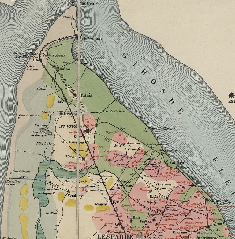Carte agricole de la Gironde, 1876 : détail du Nord Médoc.