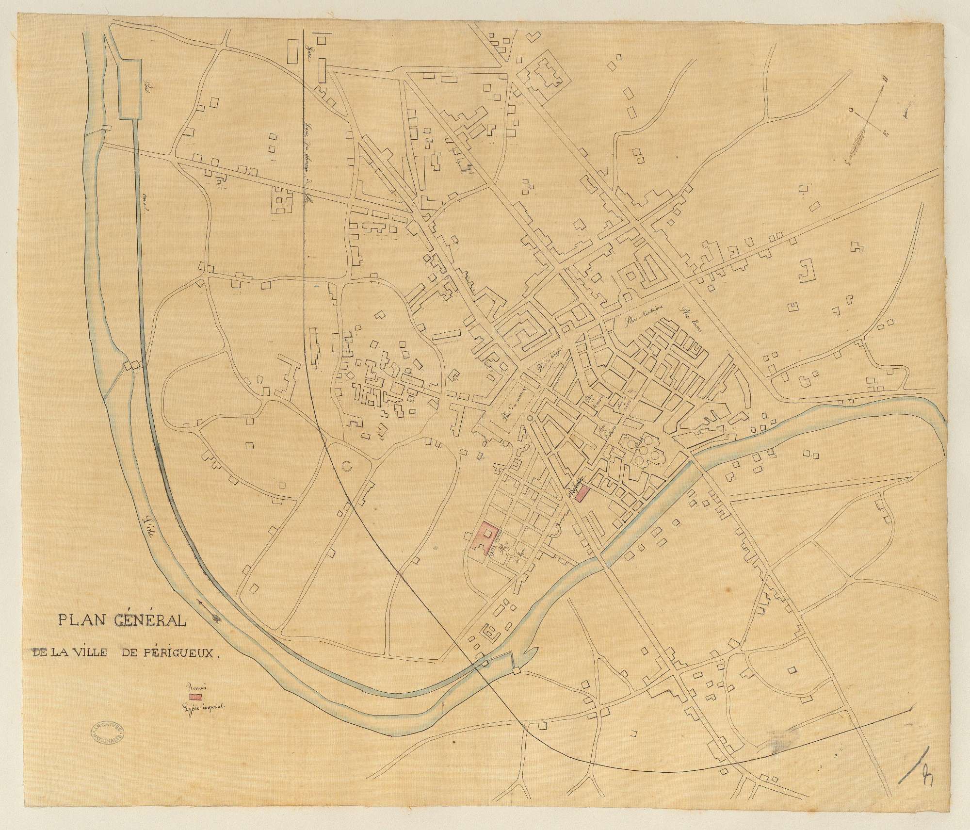 Plan général de la ville de Périgueux. Localisation du lycée impérial. (AN)