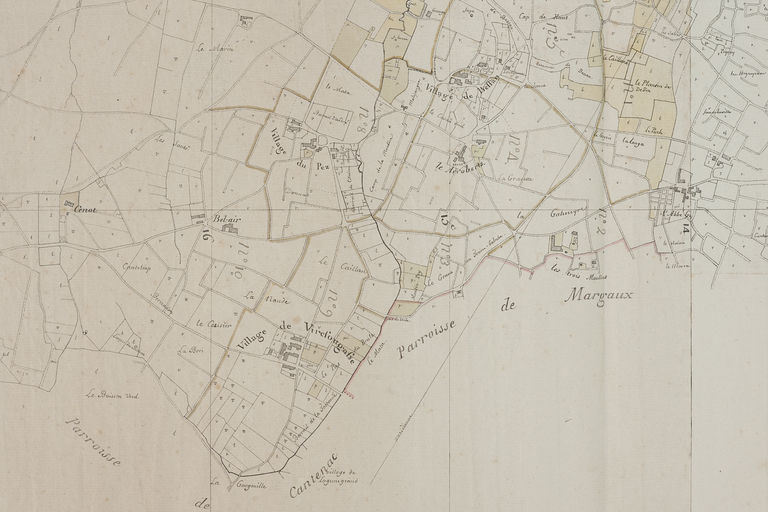 Plan général de la paroisse de Soussans qui comprend les deux terres de Soussans et de Bessan appartenant à Monsieur le Baron Secondat de Montesquieu, levé par Roche ingénieur, 1786 et 1787 (carton 60) : détail, Virefougasse et Bessan.