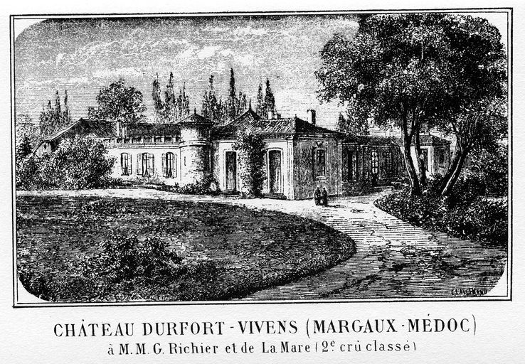 Illustration publiée dans l'ouvrage Bordeaux et ses vins de C. Cocks en 1868 : château Durfort-Vivens (Margaux-Médoc) à M. M. G. Richier et de La Mare (2e crû classé).