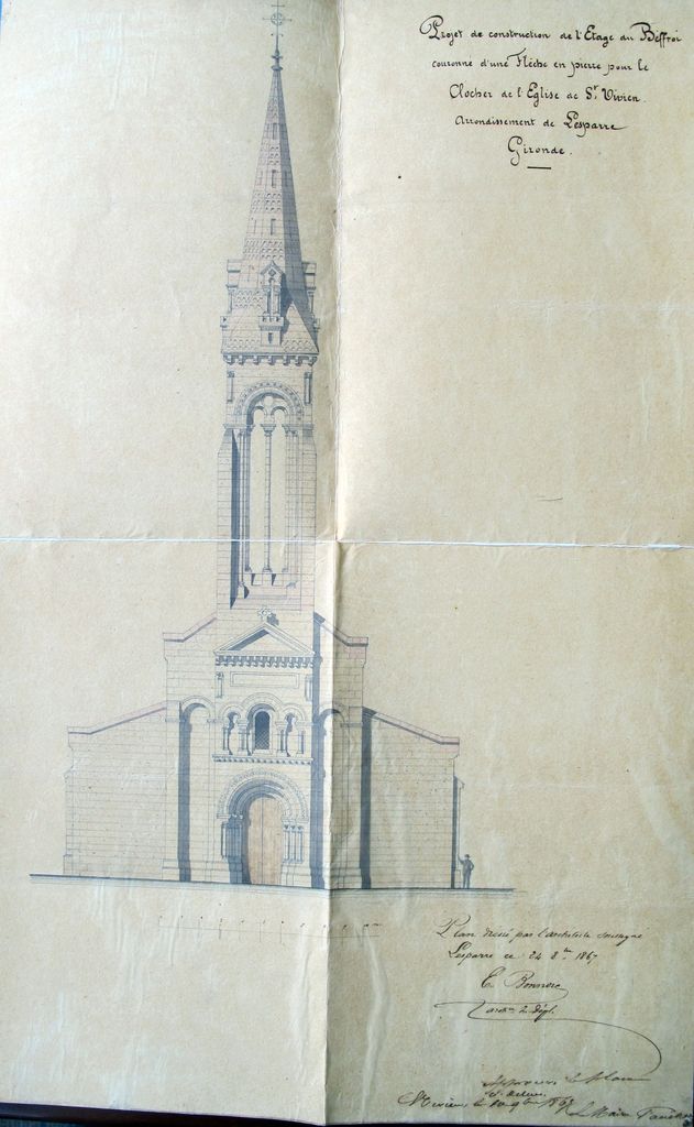 Projet de restauration de l'étage au beffroi couronné d'une flèche en pierre pour le clocher de l'église de Saint-Vivien, par Édouard Bonnore, 24 octobre 1867. 