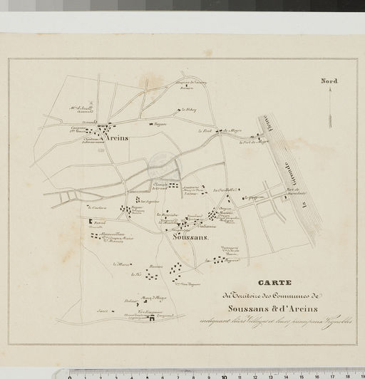Carte du territoire des communes de Soussans et d'Arcins, indiquant leurs villages et leurs principaux vignobles, s.d. (carton 60).