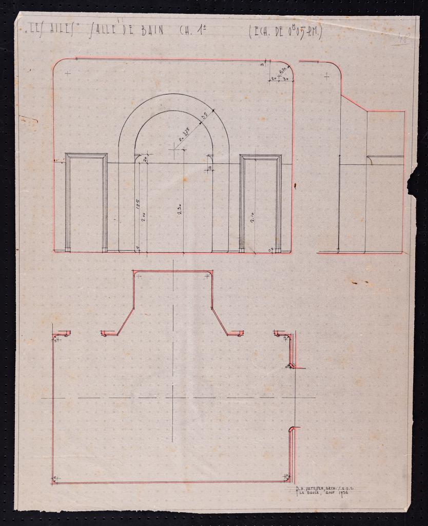 Salle de bain de la chambre 1 au premier étage, plan, élévation et coupe, P. H. Datessen, La Baule, août 1936.