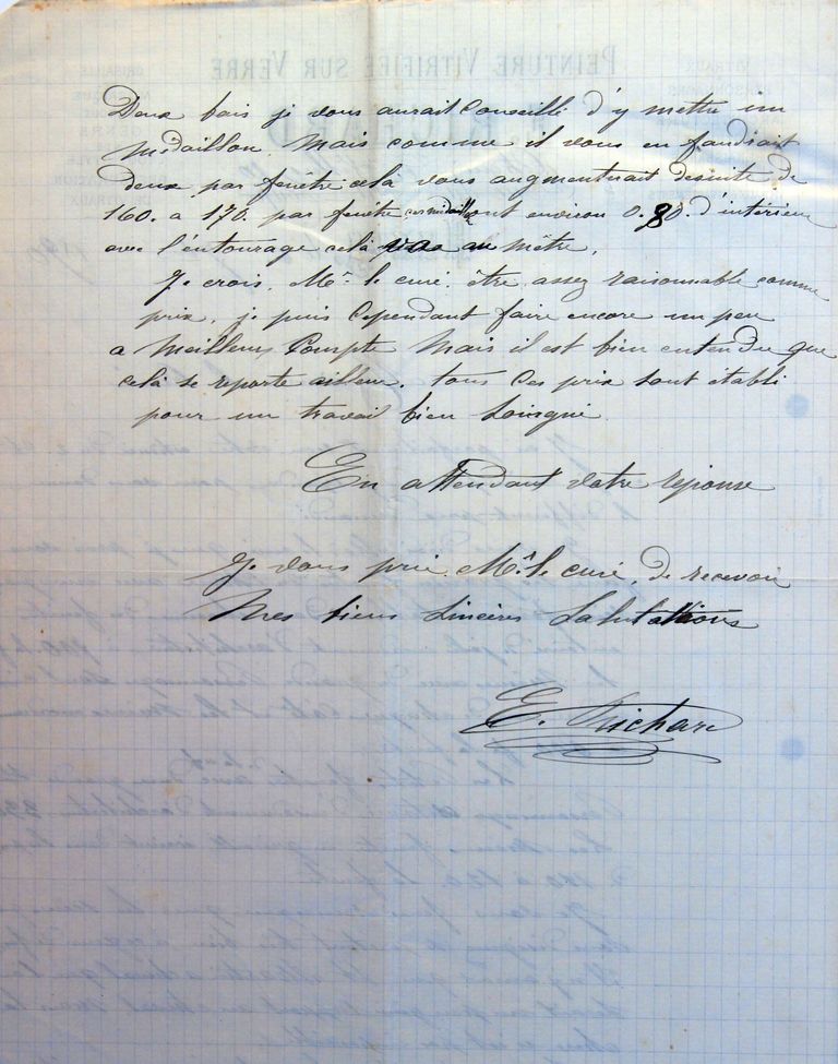 Lettre du verrier nancéien Émile Richard au curé Éloi Foy, communiquant les prix de ses verrières, 6 septembre 1890, fin (AP Coudures).