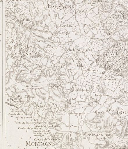 Chenac et Saint-Seurin-d'Uzet sur une carte de la région par Claude Masse en 1718.