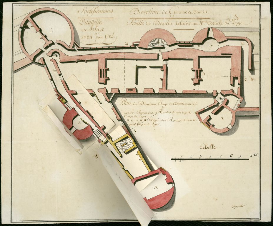Plan du deuxième étage du château [avec retombe]. Dessin, encre et lavis, par Depuch, 1784.