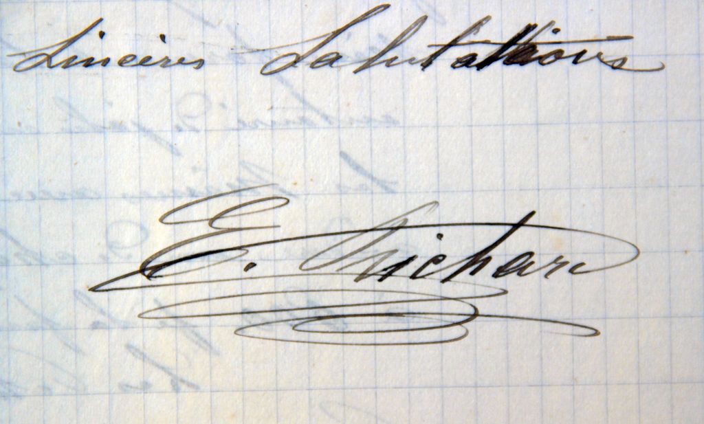 Lettre du verrier nancéien Émile Richard au curé Éloi Foy, communiquant les prix de ses verrières, 6 septembre 1890, détail de la signature(AP Coudures).