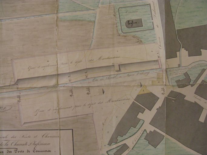 Extrait du plan d'amélioration du port par l'ingénieur Lescure-Bellerive en 1838 : les quais à réaliser.