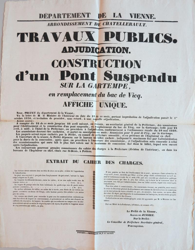 Affiche pour l'adjudication de la construction d'un pont suspendu sur la Gartempe, en remplacement du bac de Vicq,  18 mars 1837.
