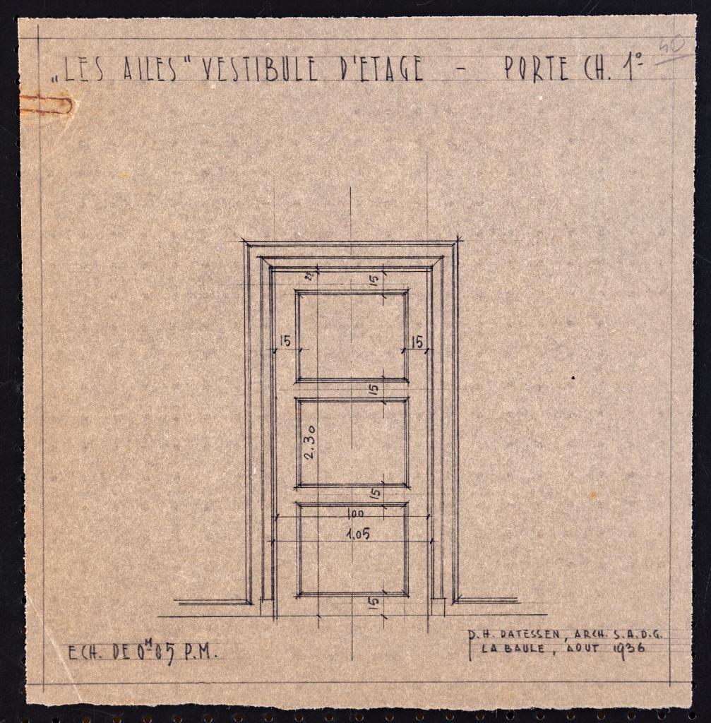 Vestibule du premier étage : élévation de la porte de la chambre 1, P. H. Datessen, La Baule, août 1936.