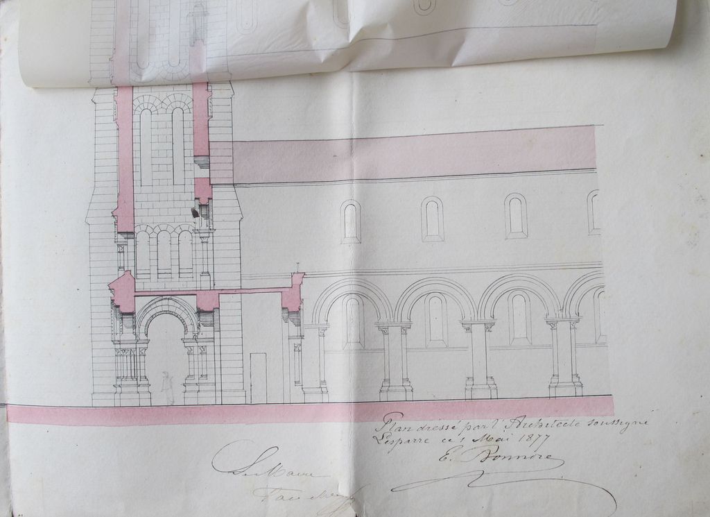 Projet de construction d'un clocher pour l'église de St Vivien. Détail, coupe, 1er mai 1877.