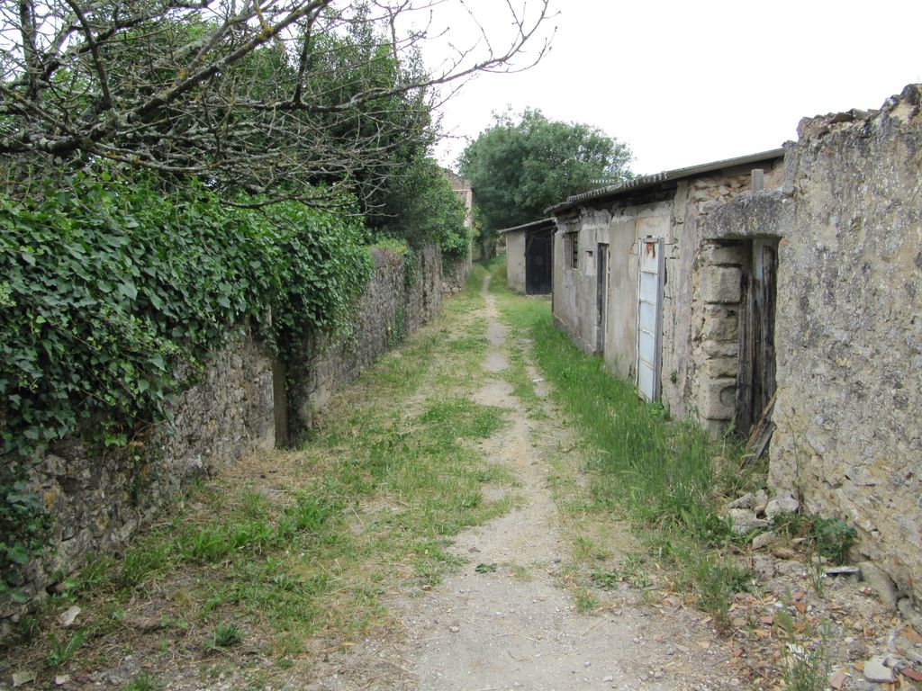 Chemin public à l'arrière des maisons côté impair de la rue de l'Hôpital : passage entre murs de clôture et cabanes de jardins.