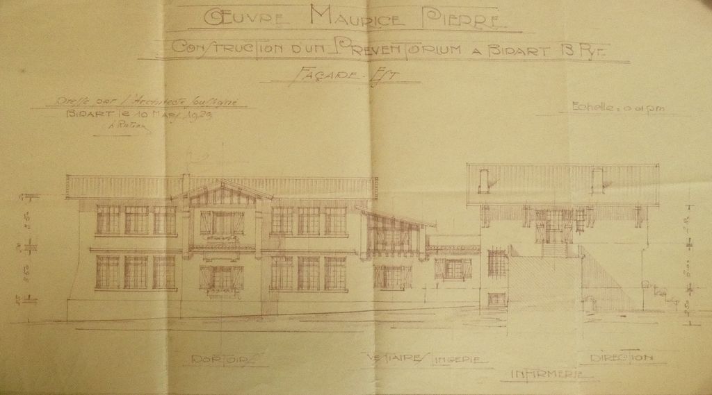Plan en élévation de la façade est, 10 mars 1929, Henri Rateau. Impression.
