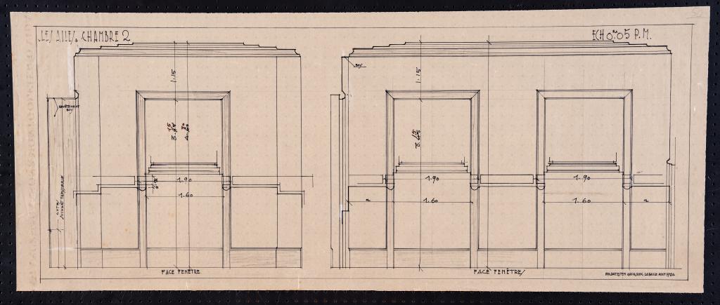 Chambre 2 au premier étage : élévations des faces du côté des fenêtres, P. H. Datessen, La Baule, août 1936.