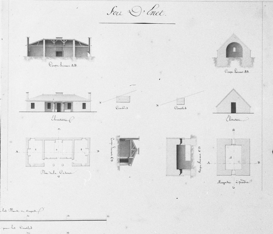 Plan, coupe et élévation de la caserne et du magasin à poudre du fort en 1826 : 1 - logement pour un officier ; 2 - chambre pour 20 hommes ; 3 - corps de garde ; 4 - magasin à poudre pour 4000 kg.