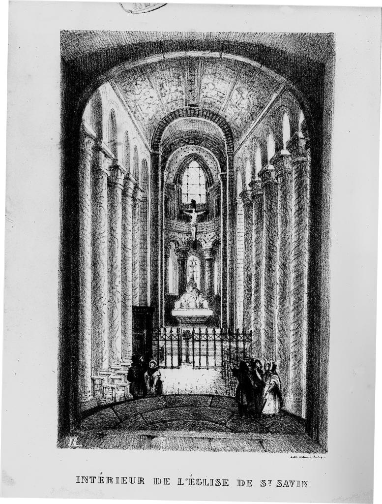 Église, nef vue de l'entrée vers le choeur, d'après une lithographie de l'ouvrage de Le Touzé de Longuemar, 1851.