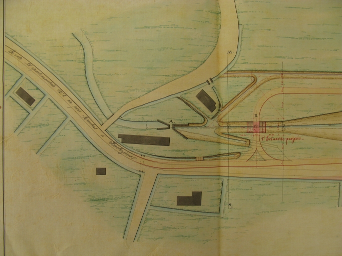 Plan de 1859 par l'ingénieur Botton : alentours de l'ancien moulin et projet d'éclusette de chasse.