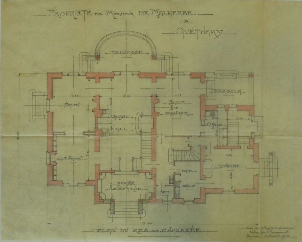 Plan du rez-de-chaussée, 28 août 1914. Calque.
