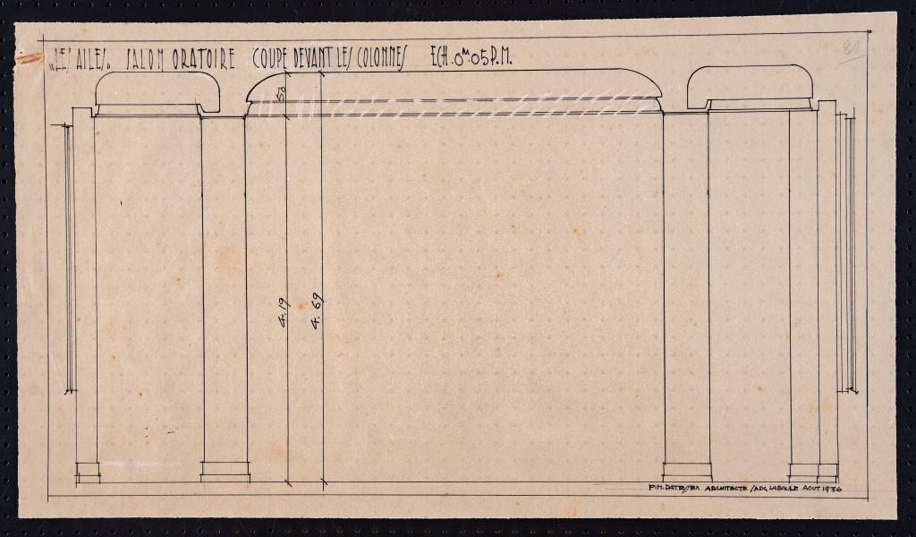 Salon-oratoire (à gauche du grand vestibule) : coupe devant les colonnes, P. H. Datessen, La Baule, août 1936.