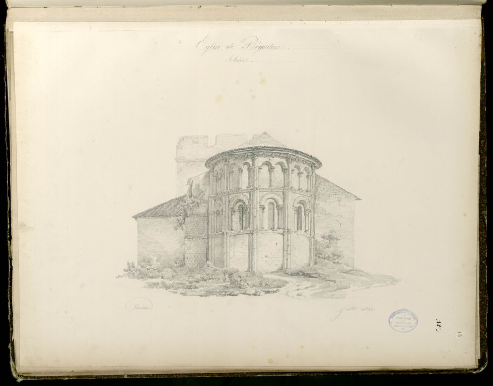 Dessin de Monsau : élévation de l'abside, juillet 1842.