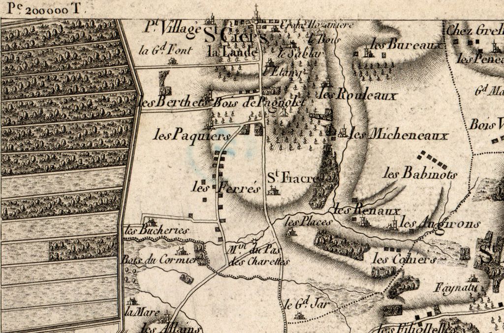 Carte de Belleyme, 1762-1783.  Détail sur le sud de la commune, hameaux des Ferrés et de Saint-Fiacre.