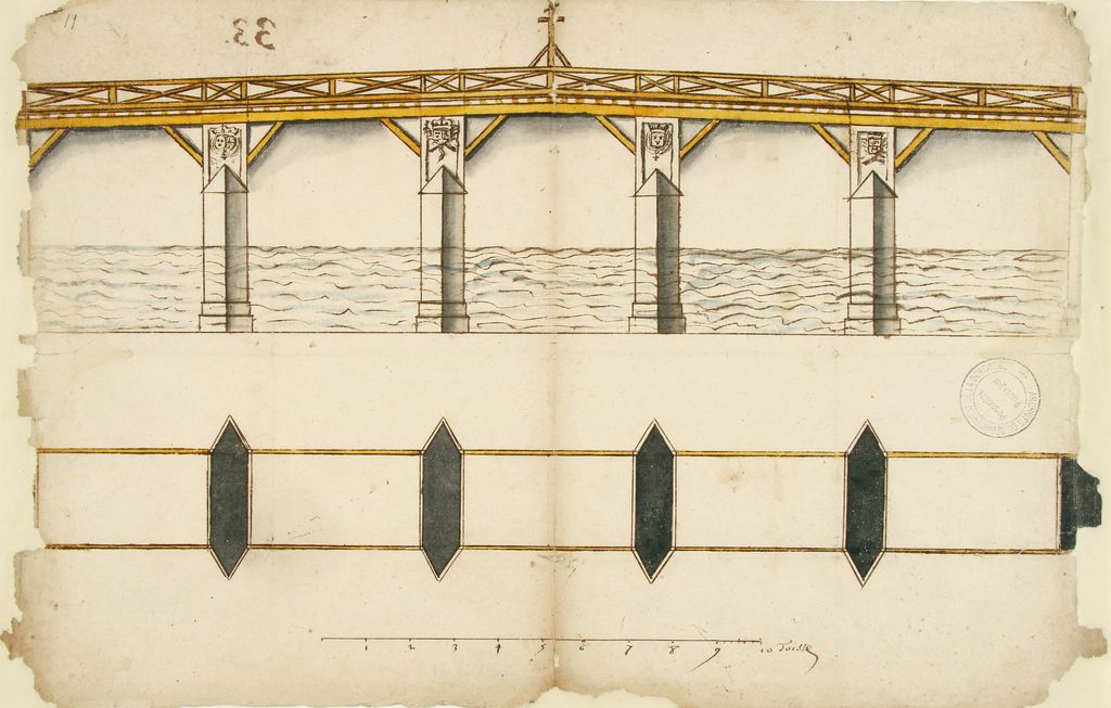 Projet de pont en bois pour la ville de Montignac, dessin à l'encre noire, lavis et encres bleue et jaune sur papier (échelle de 10 toises), s.d. (début du XVIIe siècle), non signé.