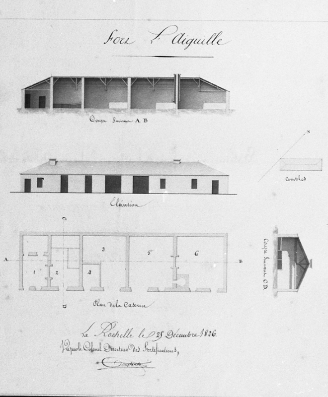 Plan, coupe et élévation de la caserne du fort en 1826 : 1 - logement pour un officier ; 2 - corps de garde ; 3 - magasin pour le génie ; 4 - magasin à poudre pour 2200 kg ; - 5 : chambre pour 30 hommes ; 6 - four pour 50 rations.