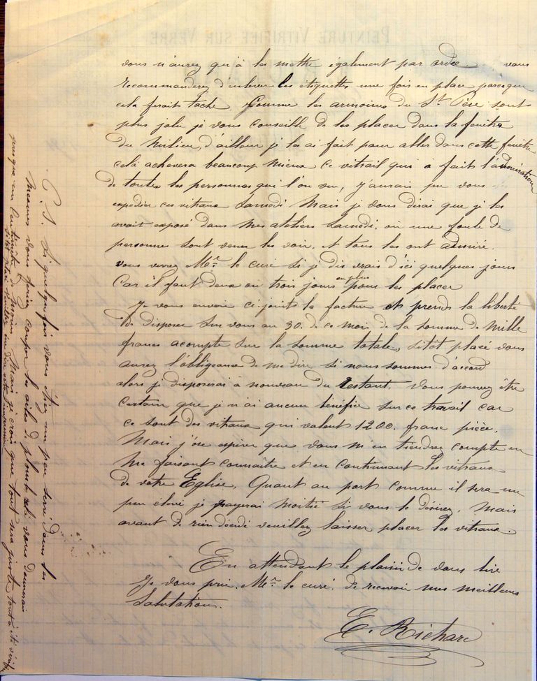 Lettre du verrier nancéien Émile Richard au curé Éloi Foy, annonçant l'envoi effectif des trois verrières du chœur, 4 août 1891, fin (AP Coudures).