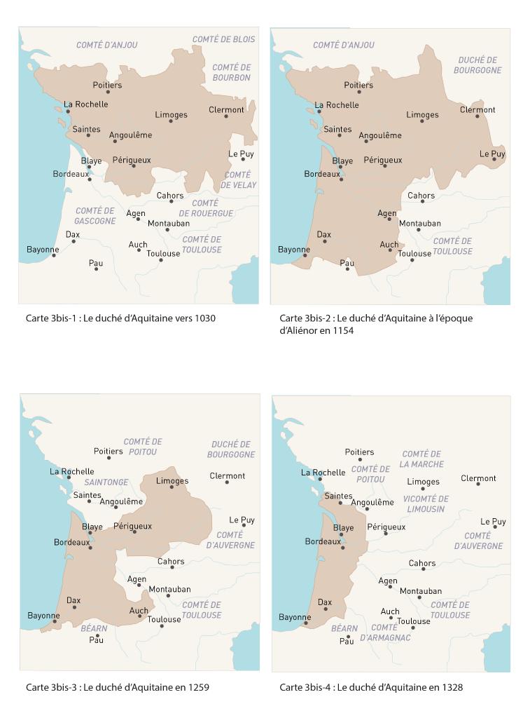 Évolution de l'emprise du duché d'Aquitaine au Moyen Âge.
