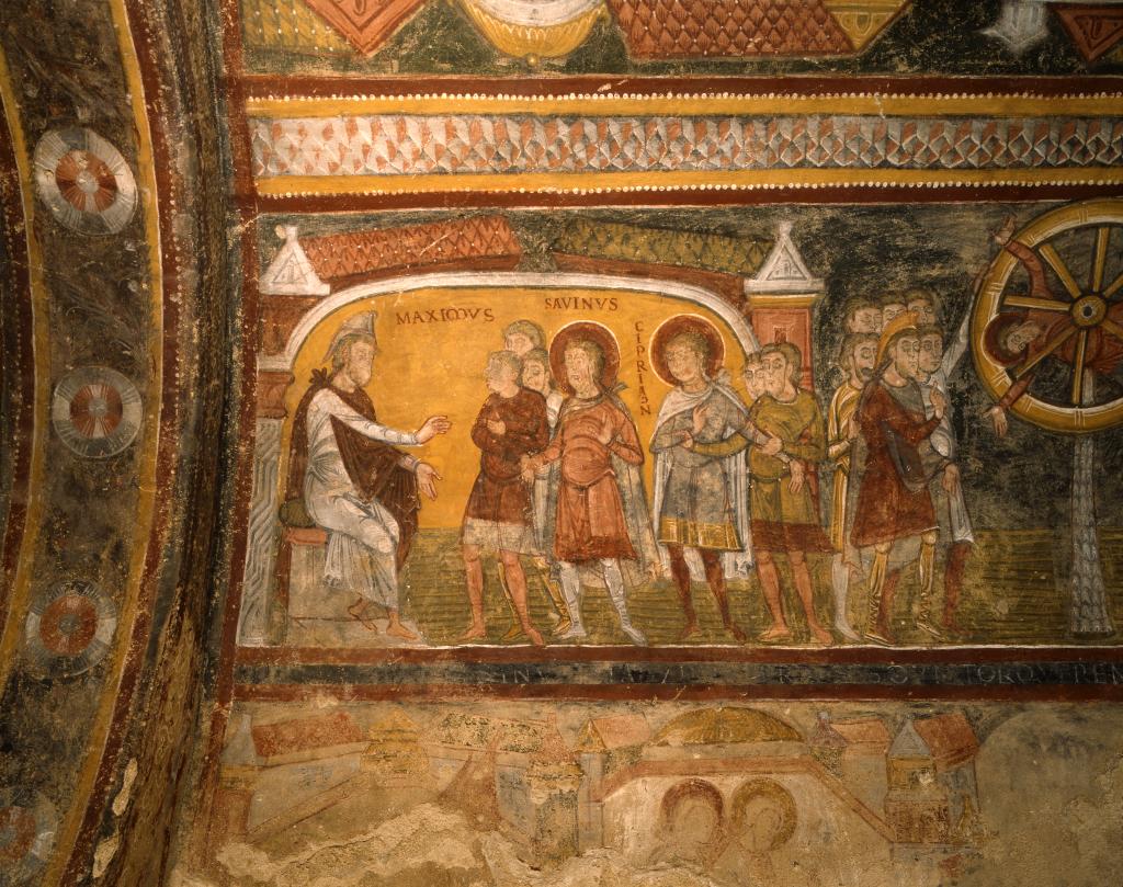 Crypte, registre supérieur sud, première scène : Savin et Cyprien comparaissent devant Maximus.