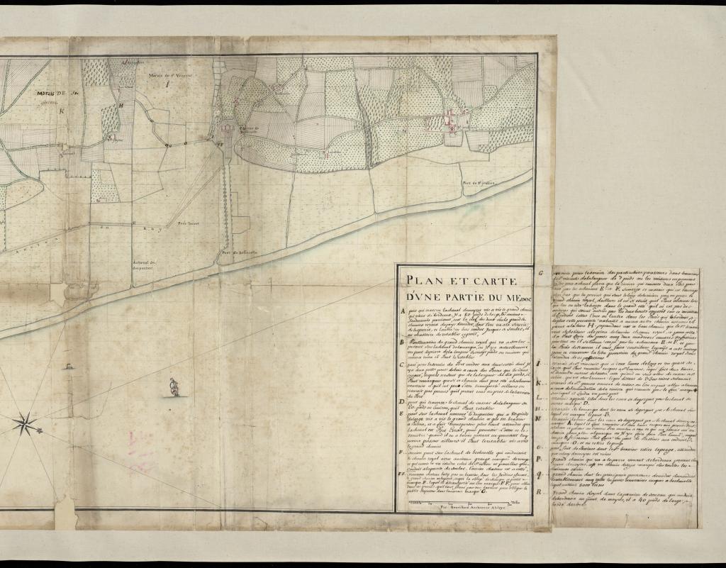Plan et carte d'une partie du Médoc, par Reveillaud, architecte à Blaye, 18e siècle. : partie droite.