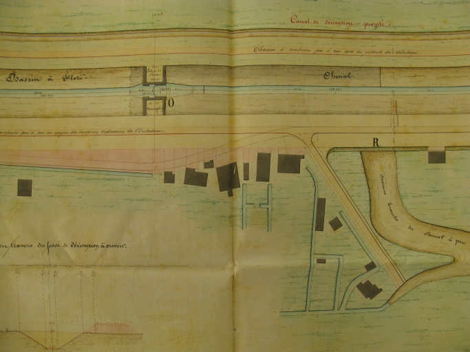 Plan de 1859 par l'ingénieur Botton : l'écluse de chasse, le port, le hameau et l'ancien chenal.
