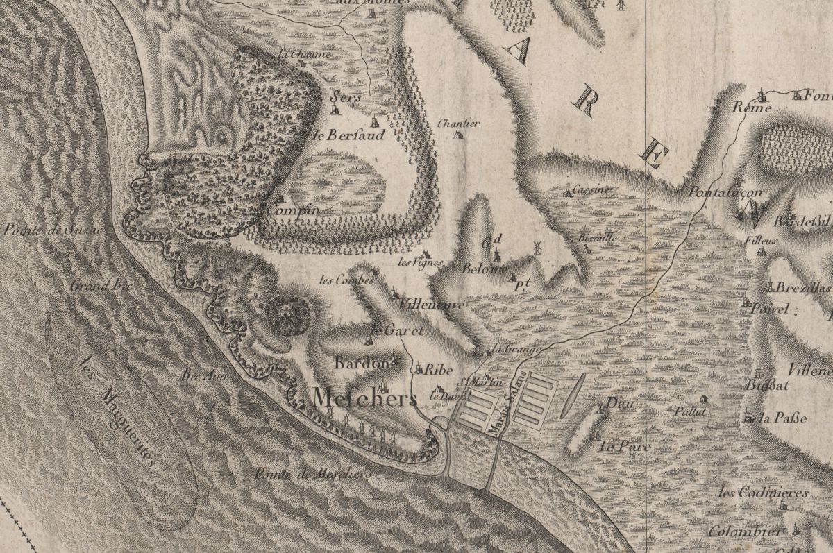 Meschers sur la carte de la Guyenne ou carte de Belleyme, vers 1770.