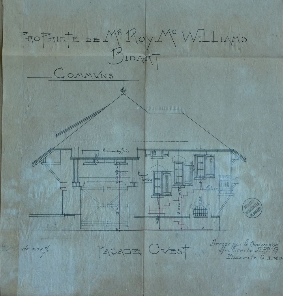 Plan de la façade ouest, 3 décembre 1910, Louis Gomez.