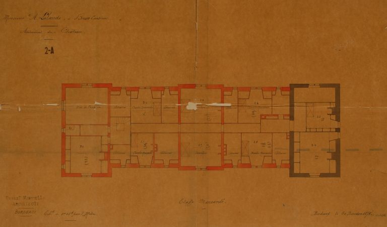 Achèvement du château. Plan de l'étage mansardé. Ernest Minvielle (architecte), 1874.